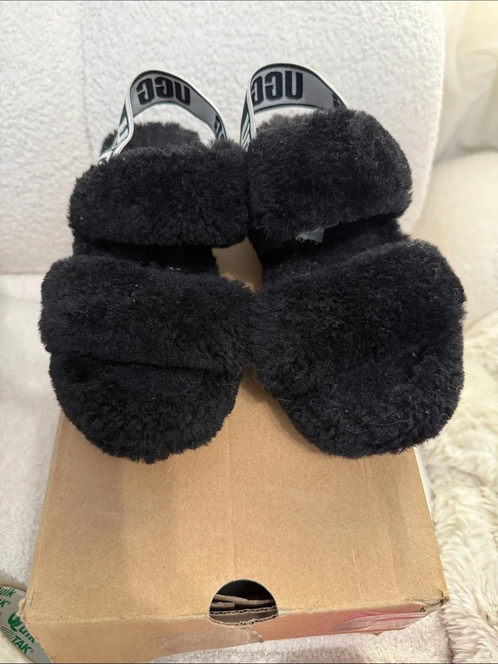 UGG Kids Black Fluff Slide Sandals with Logo Strap